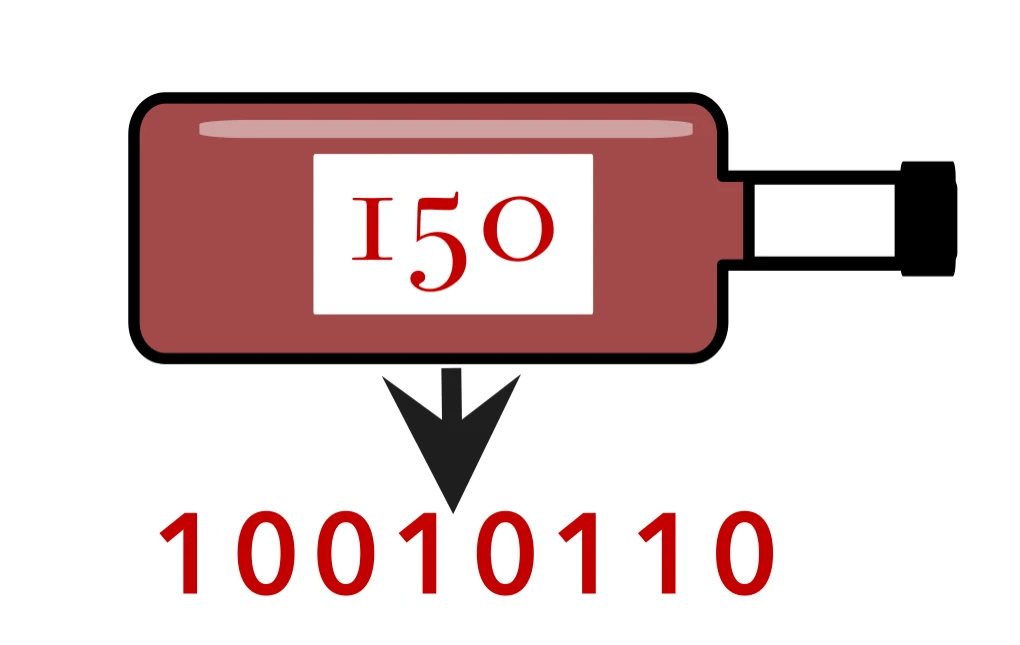 Una bottiglia con l'etichetta 150 e sotto il suo codice binario 10010110