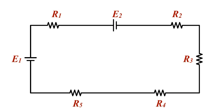 Maglia con i generatori E1 ed E2 e i resistori R1, R2, R3, R4 ed R5