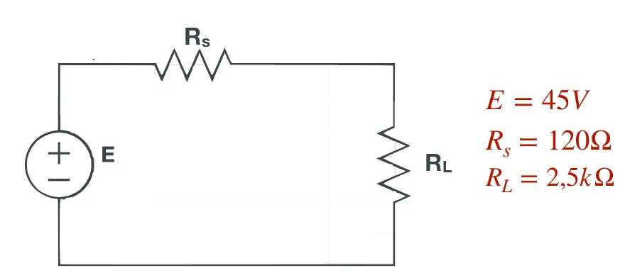 Circuito con E = 45 V, Rs = 120 Ω ed RL = 2,5 kΩ