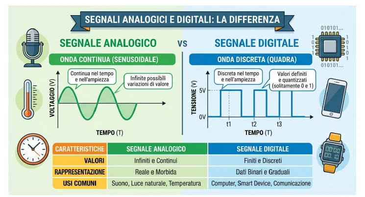 Confronto fra segnale analogico (onda continua) e segnale digitale (onda discreta)