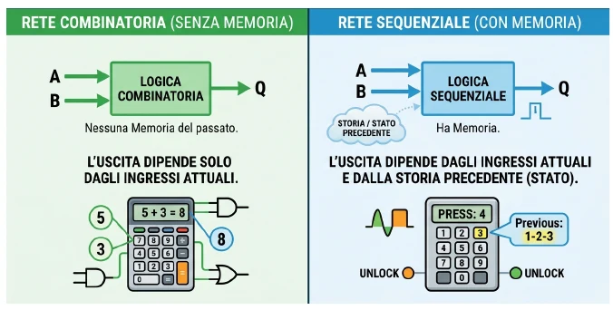 Rete combinatoria senza memoria e rete sequenziale con memoria, con l'esempio della calcolatrice